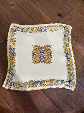 Ceramic Square Serving Platter in White with Yellow and Blue Scroll Motif